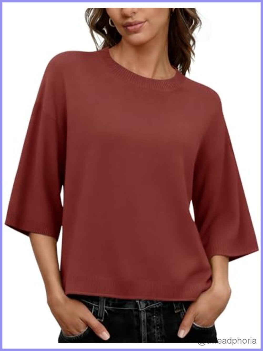 Oversized 3/4 Sleeve Knit Sweater Loose Fit Crewneck Pullover